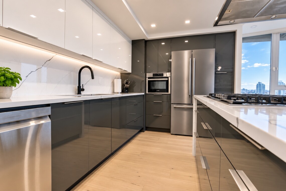 Modern kitchen with white upper cabinets, gray lower cabinets, black faucet, marble backsplash, and stainless steel appliances.