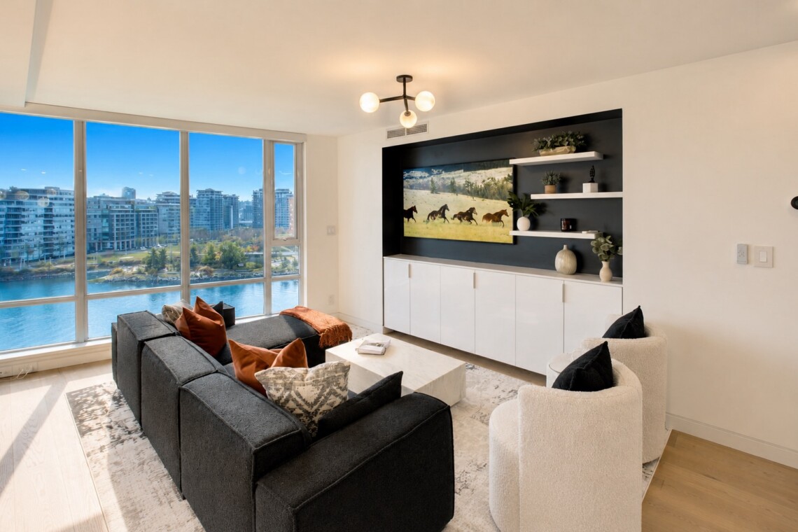 Modern living room with a dark gray sectional, orange pillows, and white chairs, overlooking a river and city skyline through floor-to-ceiling windows.