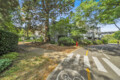 Bicycle and pedestrian path curving through a tree-filled campus area with a modern building in the background and bike lane markings on the pavement.