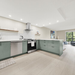 Bright modern kitchen with green lower cabinets, stainless steel appliances, and white tile backsplash; open to a living area with a large window.