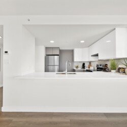 Bright white modern kitchen with an island, stainless steel fridge, and white cabinets; plants on the counter.