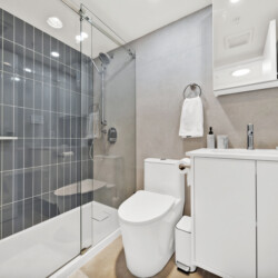Modern bathroom showing a glass-enclosed shower with dark gray tile, white toilet, and white vanity with sink fixtures.