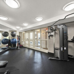 Gym workout room with a large mirrored wall, exercise machines on the right, and stability balls near the windows.