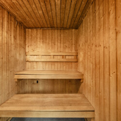 Wood-paneled sauna interior with two-tier wooden benches along the back wall and warm lighting.