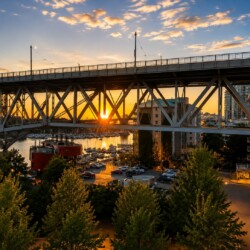Sunset scene with a steel truss bridge over a marina, boats in the water, and city buildings in the background. Trees frame the foreground.