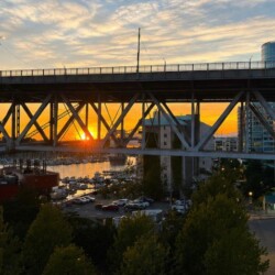 Sunset behind a steel bridge over a marina, with boats, cars, and city buildings visible in the distance, beneath a golden sky.