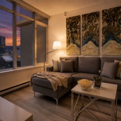 Cozy living room with a gray sectional, throw blanket, and pillows, lit by a floor lamp, facing a city view through large windows.