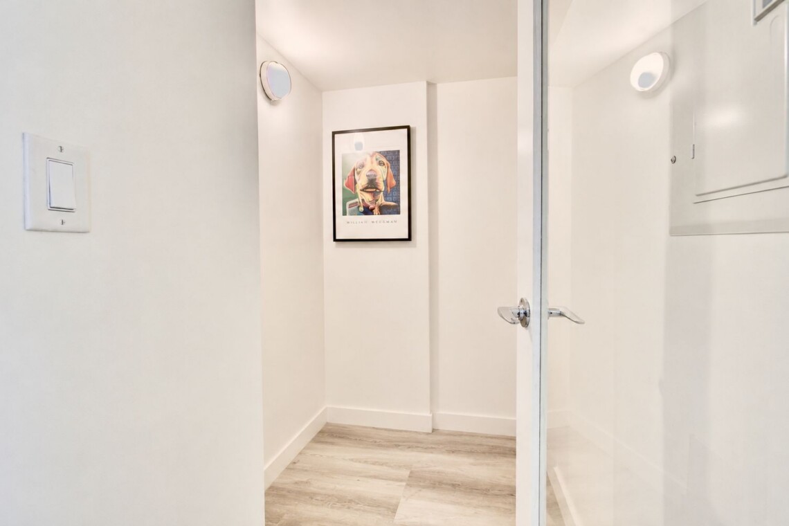 Narrow white hallway with a framed dog portrait on the far wall.