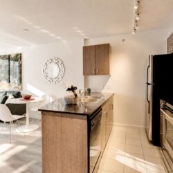Open-concept kitchen with island, stainless steel appliances, and light wood cabinets; dining nook and living area visible in background.