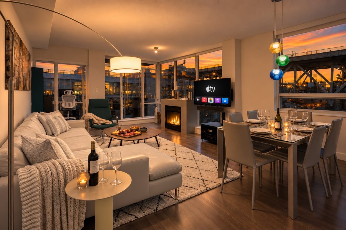 Modern open-plan living room with a white sofa, fireplace, and dining table set for a meal as sunset lights the room