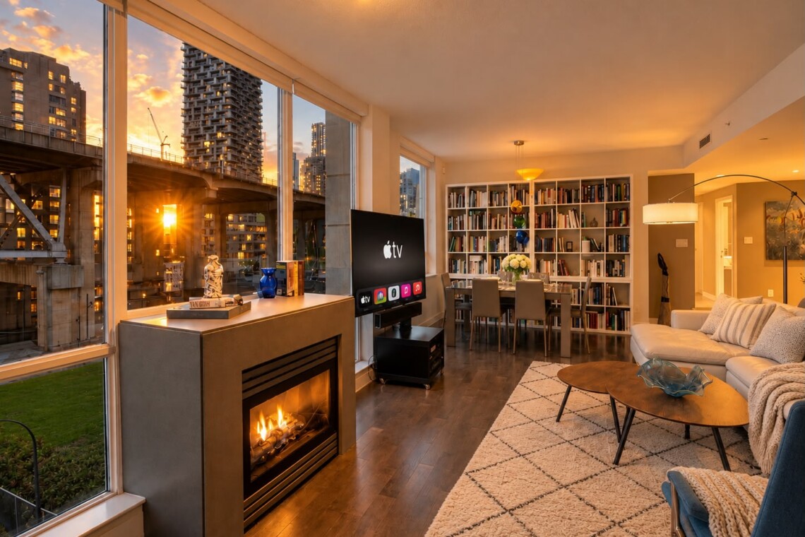 Sunlit city apartment living room with large windows, a fireplace, TV, and a tall bookshelf surrounding a dining area.