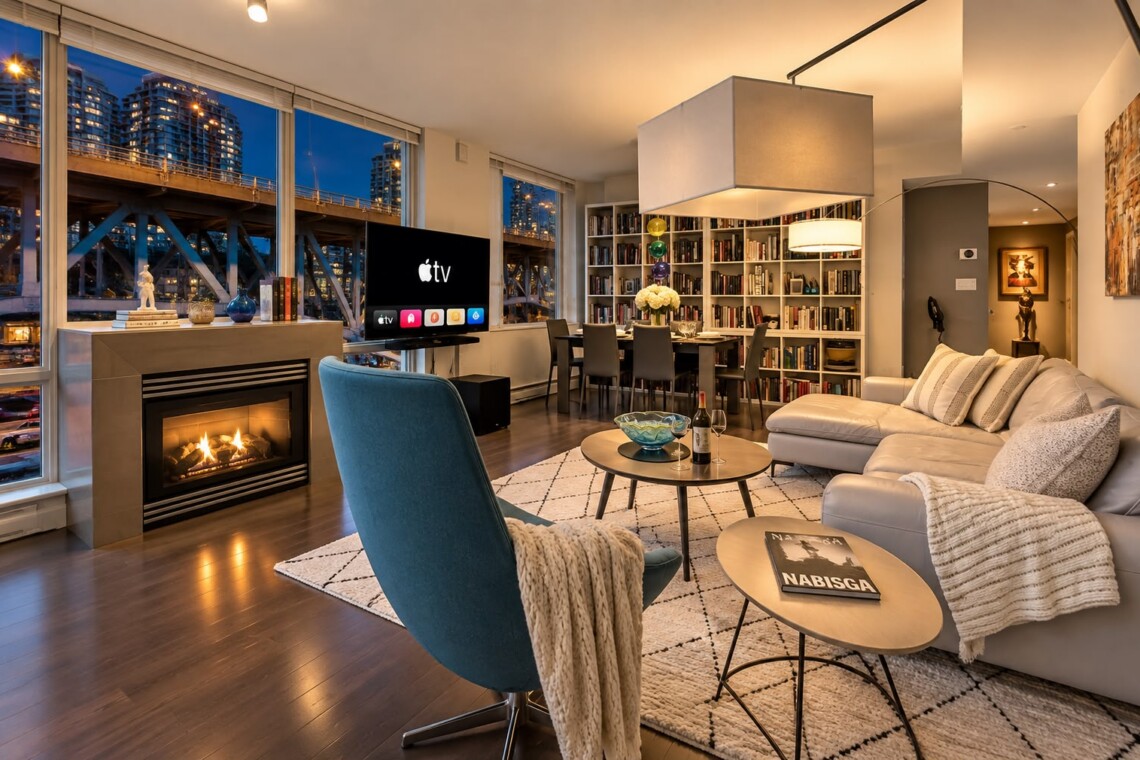Contemporary living room at dusk with a lit fireplace, large windows showing city buildings, a TV stand, and a blue accent chair near a gray sectional.