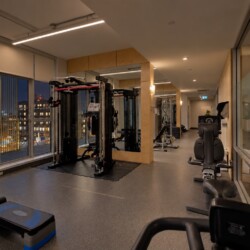 Modern gym interior at night with cable machines, weight racks, and mats, seen through large windows showing city lights outside.