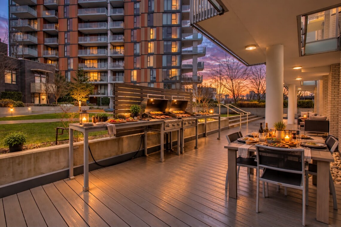 Outdoor rooftop patio at dusk with a long gas grill setup and a dining table set for six, overlooking modern apartment buildings.