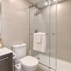 Modern bathroom with glass-enclosed shower, white toilet, and vanity; neutral beige tiles and potted plant.