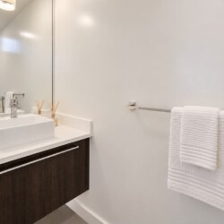 Modern bathroom vanity with a white square sink, dark wood cabinet, and a small plant on the counter.
