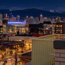 Nighttime city skyline with illuminated skyscrapers, a blue-lit stadium, and snow-capped mountains in the distance behind the city.