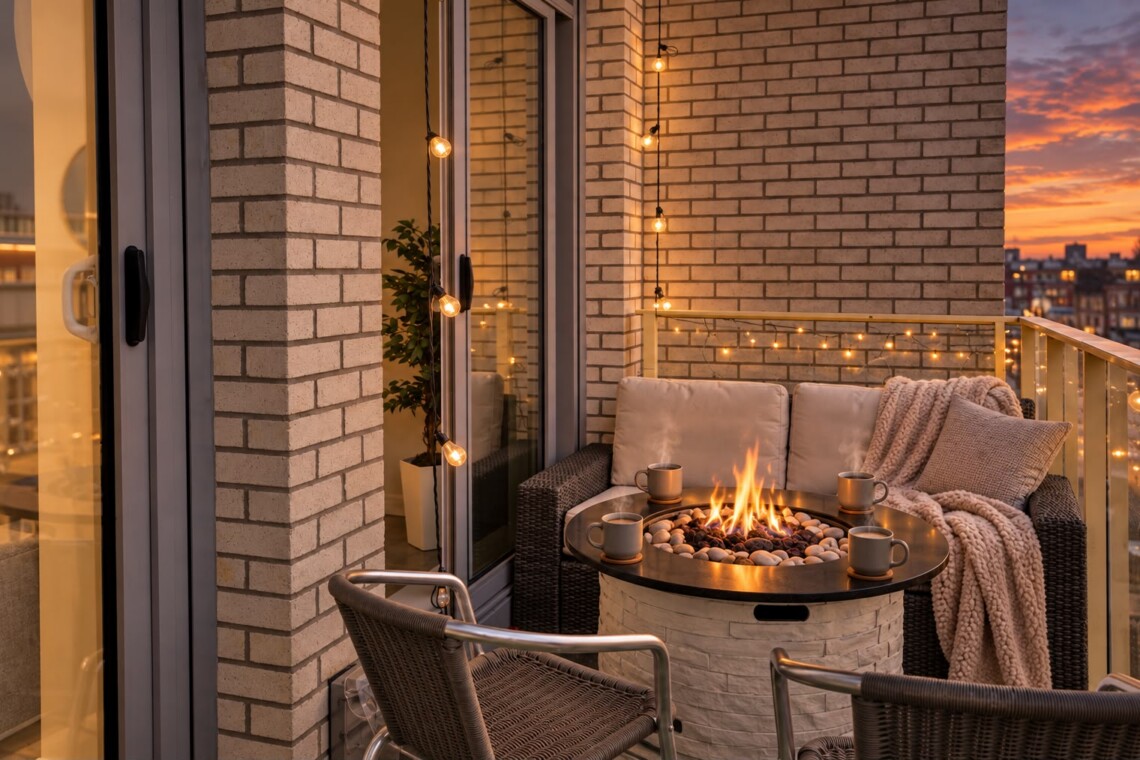 Cozy balcony seating area at sunset with a fire pit, wicker sofa, string lights, and a warm glow over a city skyline.