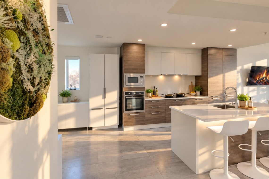 Modern kitchen with white and wood cabinets, stainless steel appliances, and a white island with bar stools under warm lighting.