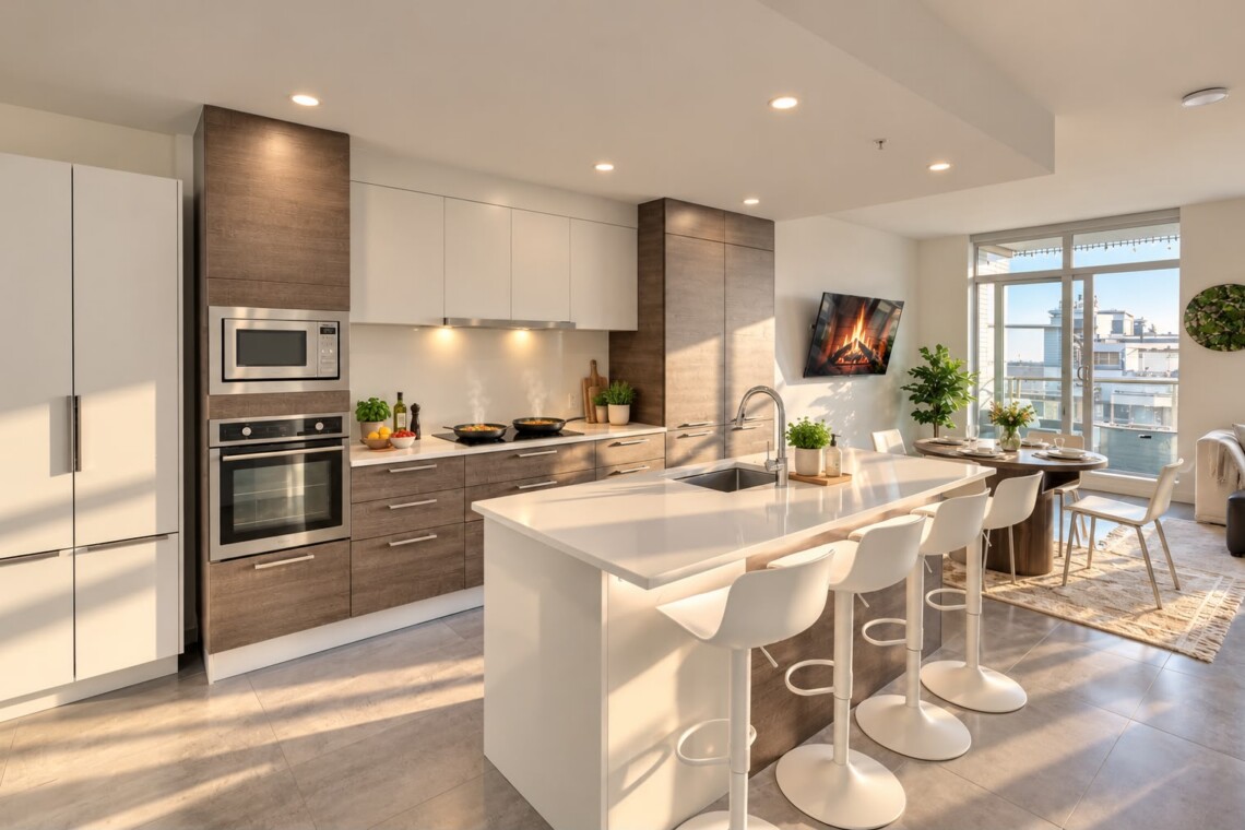 Modern kitchen with white and wood cabinets, island and bar stools, stainless steel appliances, and a dining area by large windows.