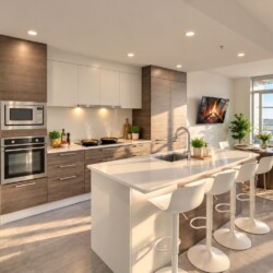 Modern kitchen with white and wood cabinets, island and bar stools, stainless steel appliances, and a dining area by large windows.