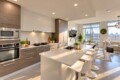 Open-concept kitchen with a white island, wooden cabinets, stainless steel appliances, and a lounge area with large windows showing the city skyline.