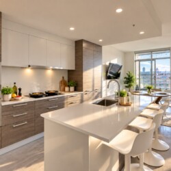 Open-concept kitchen with a white island, wooden cabinets, stainless steel appliances, and a lounge area with large windows showing the city skyline.