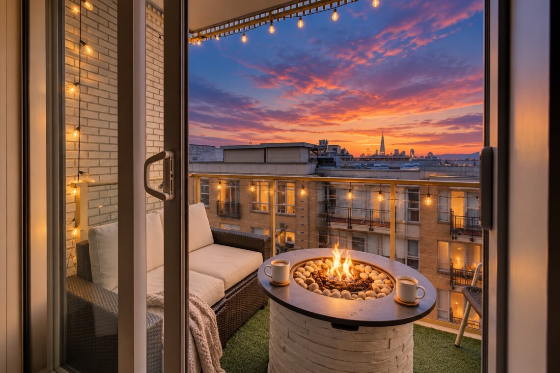 Cozy balcony at sunset with a circular fire pit, wicker sofa, string lights, and a city skyline in the distance.
