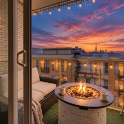 Cozy balcony at sunset with a circular fire pit, wicker sofa, string lights, and a city skyline in the distance.