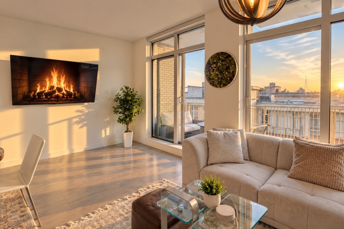 Sunlit modern living room with a wall-mounted fireplace, beige sofa, and large windows opening to a balcony at sunset.