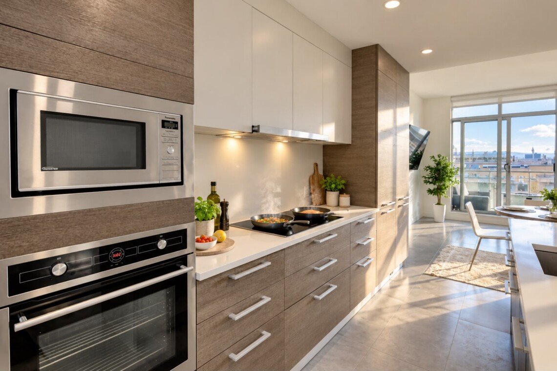 Modern kitchen with stainless-steel microwave and oven, white upper cabinets and wood-toned lower cabinets; sunlit balcony visible in the background.