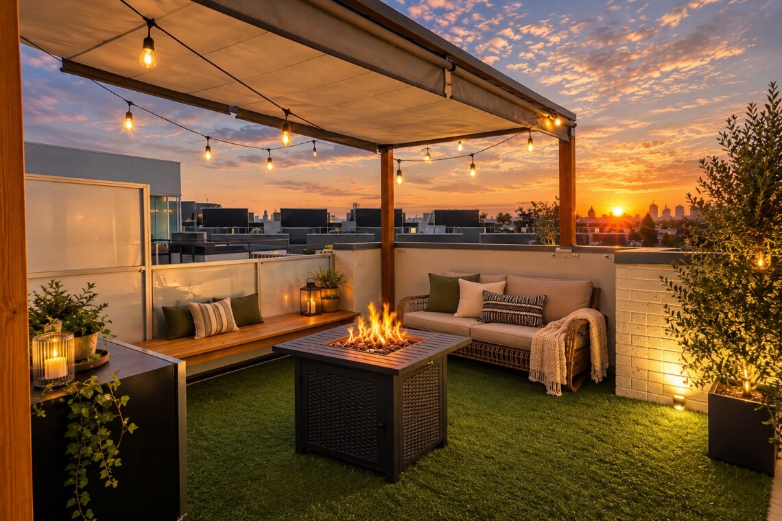 Rooftop lounge at sunset with a fire pit, string lights, and a sectional sofa on artificial grass.