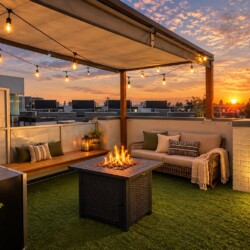 Rooftop lounge at sunset with a fire pit, string lights, and a sectional sofa on artificial grass.