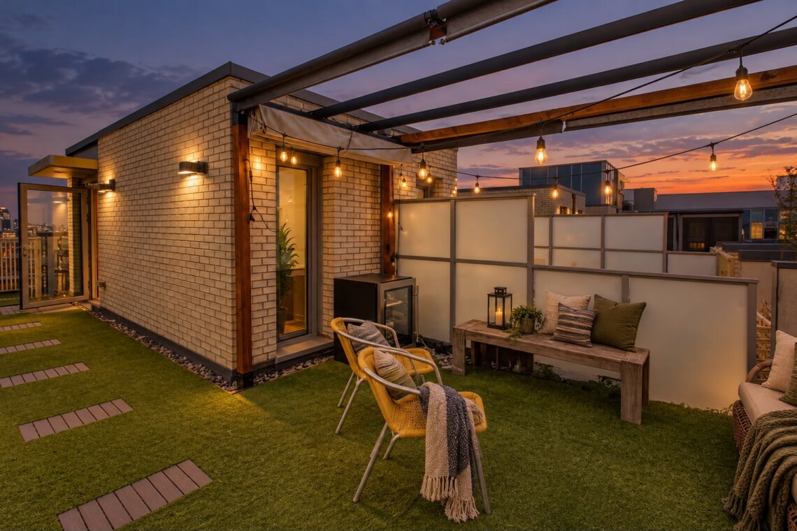 Rooftop patio at sunset with string lights, brick walls, and comfy seating on artificial grass.
