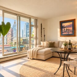 Sunlit living room with large glass doors to a city skyline balcony, beige sectional sofa, round coffee table with wine and two glasses, and potted plants.
