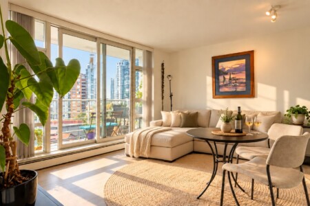 Sunlit living room with large glass doors to a city skyline balcony, beige sectional sofa, round coffee table with wine and two glasses, and potted plants.