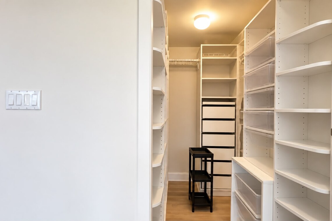 Bright walk-in closet with white built-in shelves, drawers, and a small black two-tier stool in the center of the room area.