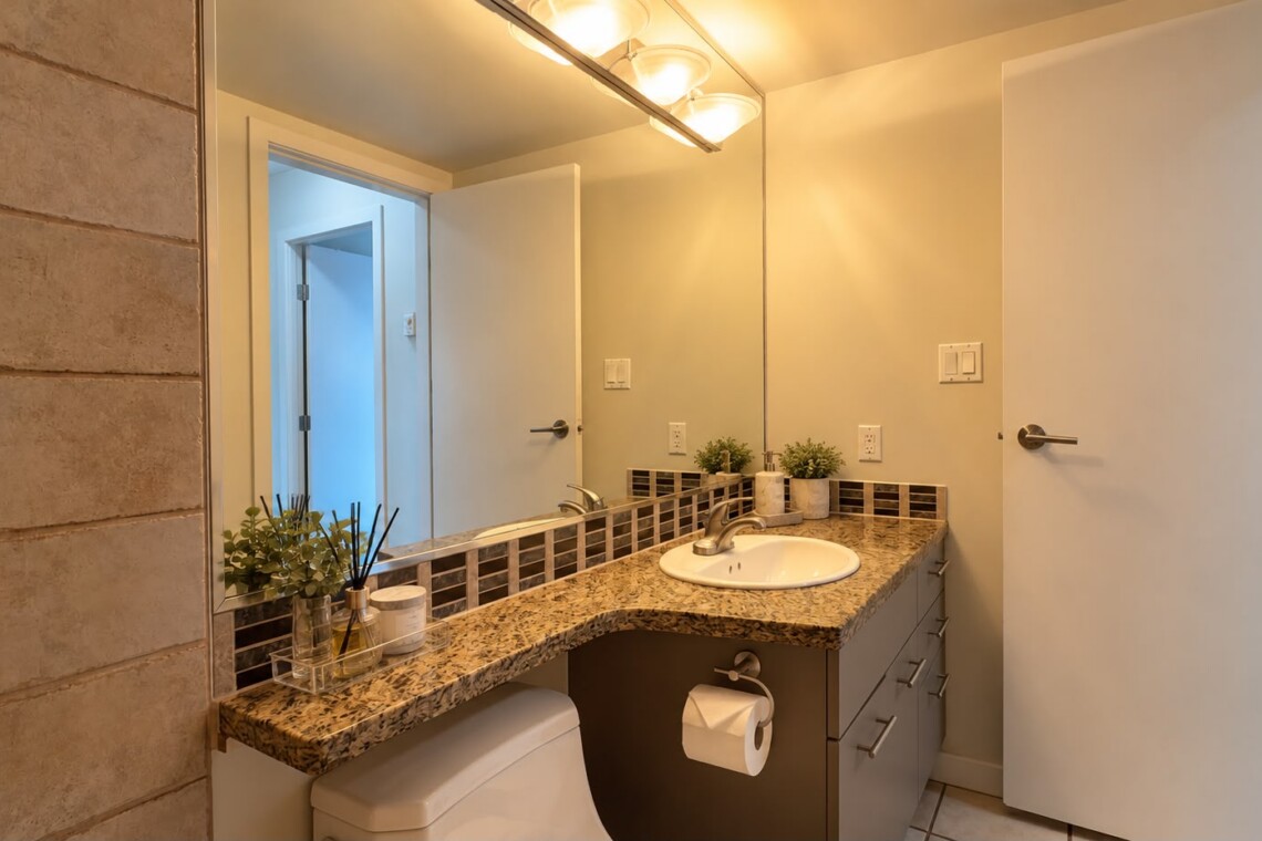 Bathroom vanity with granite countertop, oval sink, and mirrored wall reflecting a doorway with warm lighting.