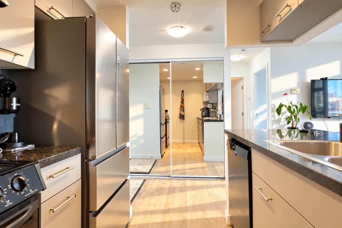 Open-concept kitchen with stainless steel refrigerator, stove, and island; warm sunlight casts shadows across the space.