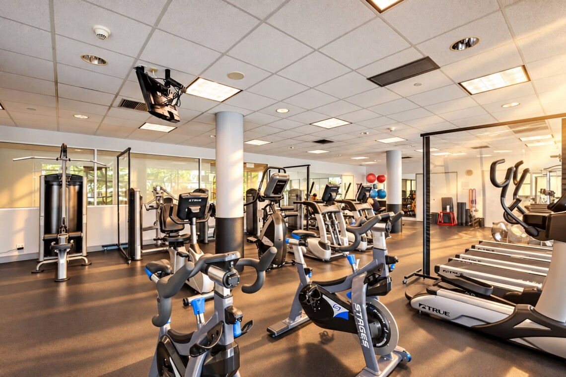 Bright gym interior with multiple cardio machines including stationary bikes and treadmills in a spacious room.