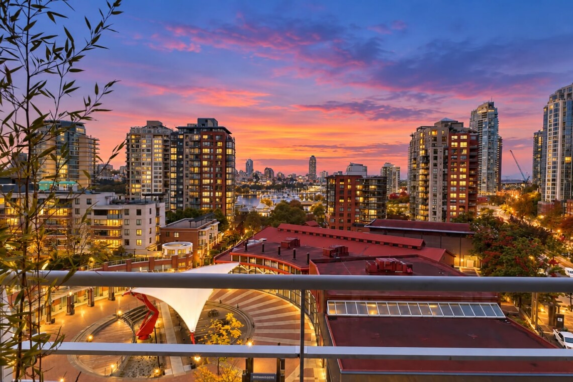 City skyline at sunset with orange-pink sky, modern high-rise buildings, and a railing in the foreground.