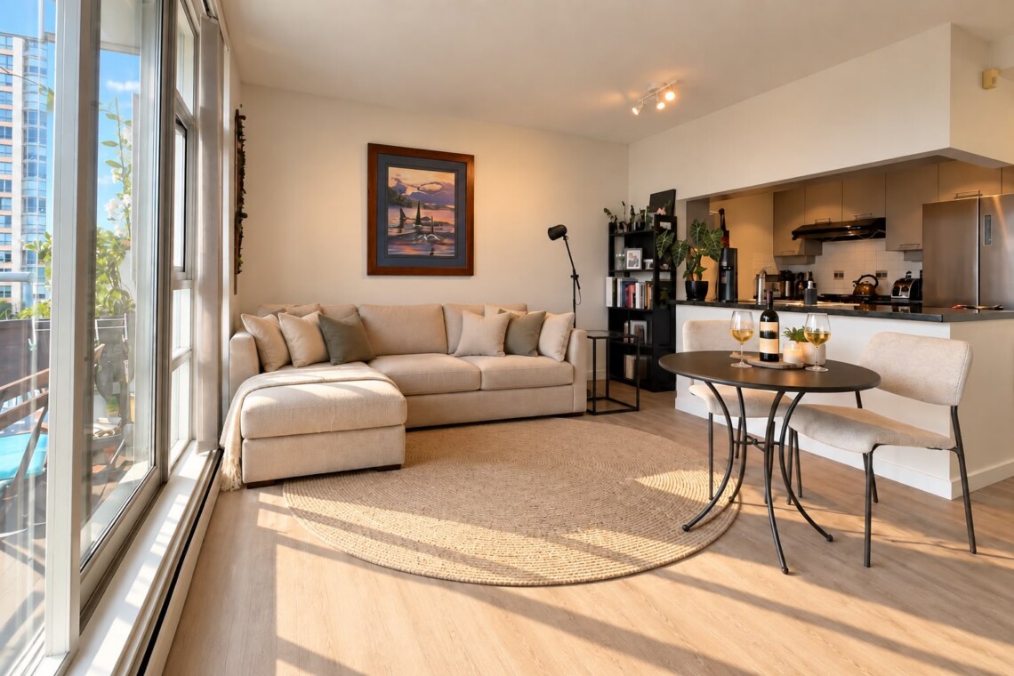 Open-plan living room with a beige sectional sofa, round rug, and a small dining table set for two; kitchen in the background.