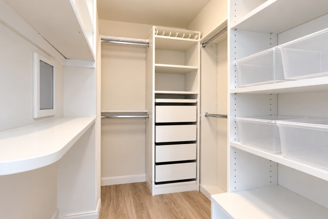 Walk-in white closet with built-in shelves, drawers, and hanging rods, plus clear plastic storage bins on the right side.