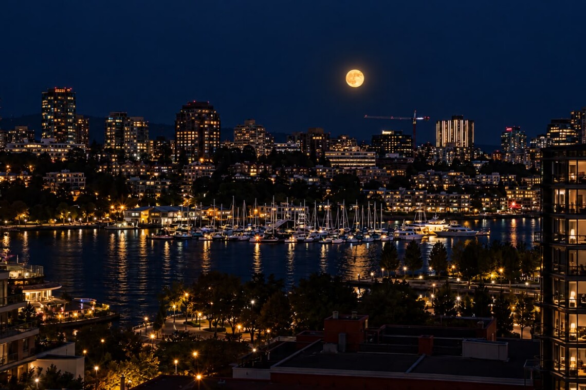 Full moon over a nighttime city skyline with a marina of docked boats and warm city lights reflecting on the water.