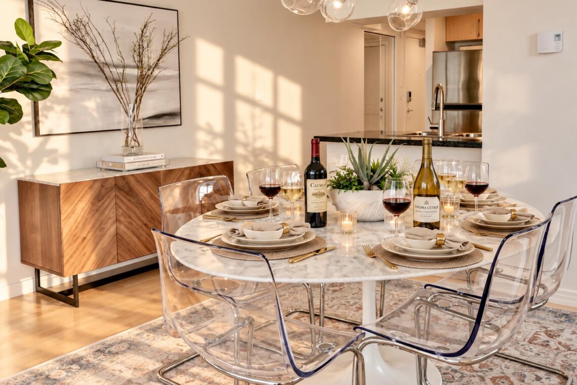 Round marble dining table set for six with clear acrylic chairs, wine bottles, candles, and a succulent centerpiece in a sunny modern dining area
