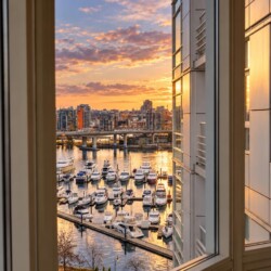 Sunset over a marina viewed from a window, with boats docked and a city skyline in the distance.