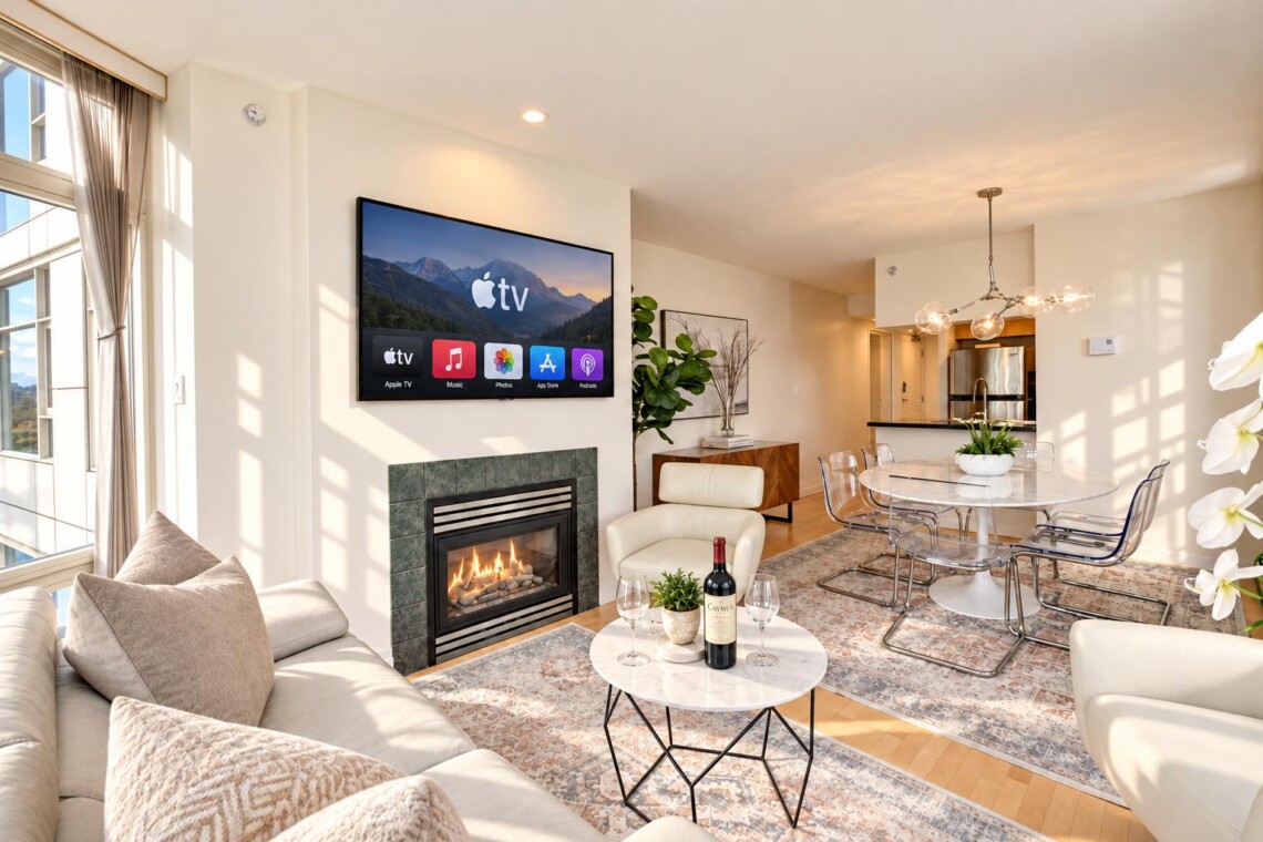Open living room with Apple TV above a gas fireplace, beige sofa, and marble coffee table with wine."','Sunlit round marble dining table with clear chairs and a modern chandelier; kitchen in the background."','Tall windows, neutral tones, potted plant, and patterned area rug under seating."','Wine bottle and two glasses on a marble coffee table in a bright contemporary living space."','Neutral-toned living/dining area with plants, artwork, and a cozy fireplace.