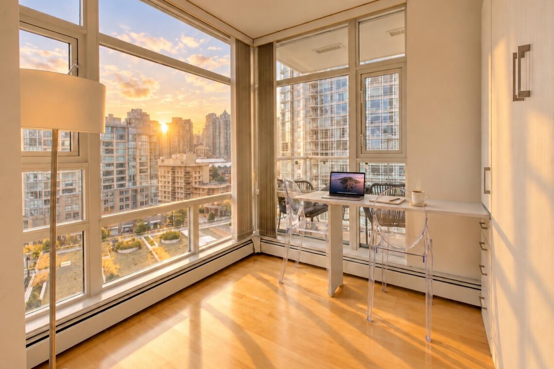 Corner home office with a white desk and transparent chairs, laptop open, coffee mug, and large windows revealing a sunset city skyline.",
