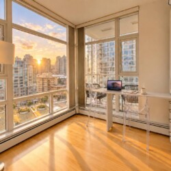 Corner home office with a white desk and transparent chairs, laptop open, coffee mug, and large windows revealing a sunset city skyline.",