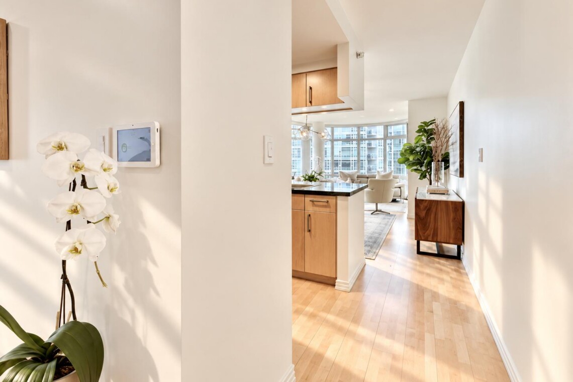 Bright, open-concept apartment interior with a kitchen island, wooden cabinets, and a sunlit living area by large windows.